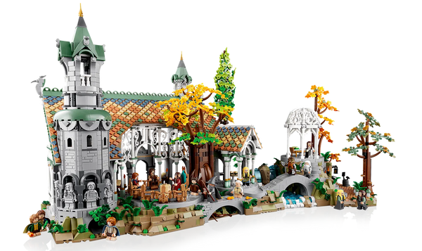 A serene LEGO set depicting Rivendell from The Lord of the Rings, with minifigures of key characters from the series.