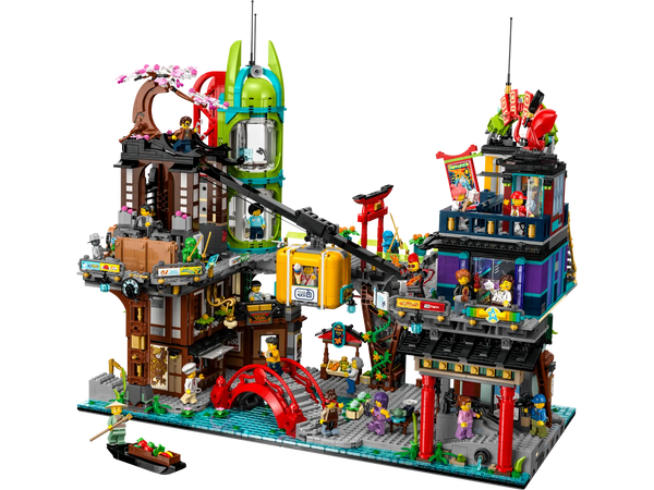 A vibrant LEGO set depicting the bustling markets of Ninjago City, filled with ninja and civilian minifigures.