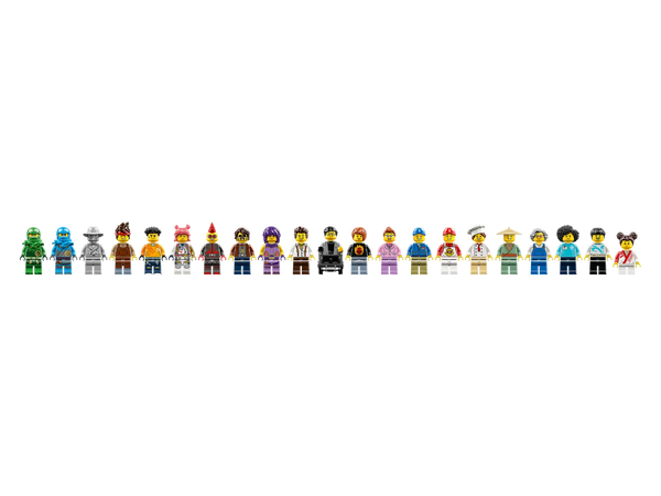 a lineup of all the minifigures included in the Ninjago set
