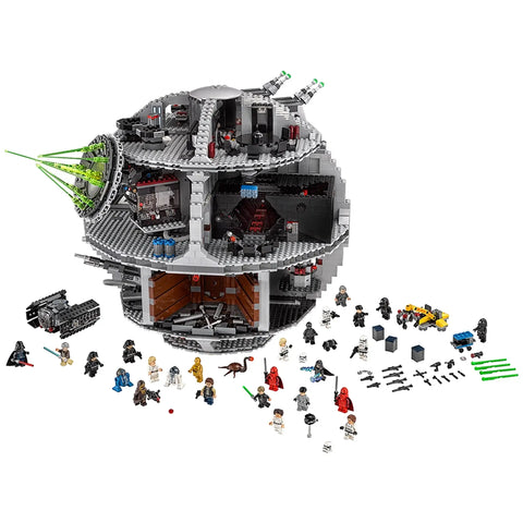 An expansive LEGO set showcasing the iconic Death Star from Star Wars, complete with a variety of minifigures representing characters from the saga.