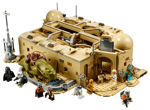 A detailed LEGO set of the Mos Eisley Cantina from Star Wars, featuring a wide array of character minifigures from the film.