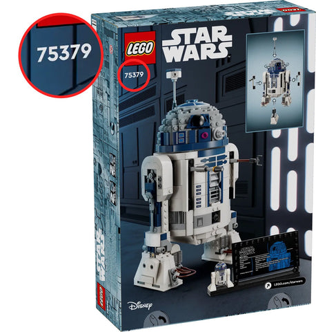 A close-up of a LEGO set box for a Star Wars R2-D2 model. The box has the LEGO and Star Wars logos, an image of the R2-D2 model, and a highlighted circle showing the set number 75379.