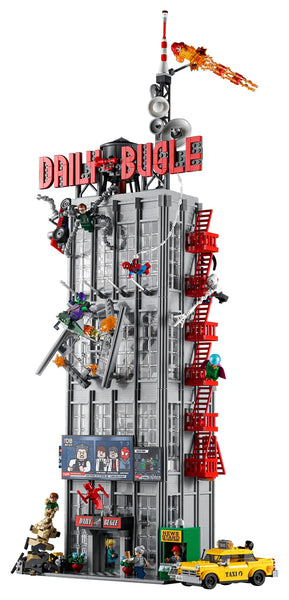 A detailed LEGO set of the Daily Bugle skyscraper, featuring minifigures of Spider-Man, his allies, and adversaries within a bustling urban setting.