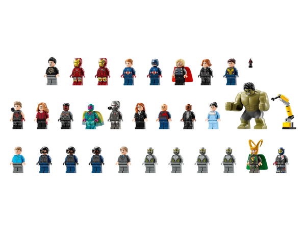 The second image showcases a lineup of LEGO minifigures from the Avengers Tower set against a black background. The array includes iconic Marvel characters such as Tony Stark, Iron Man in various suits, Thor, Hawkeye, Black Widow, Hulk, and more. Each figure is meticulously designed with detailed costumes and accessories representative of their characters in the films. The figures are arranged in a grid, making it easy to view each one's unique features.