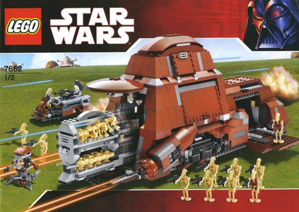 A LEGO set focusing on the Trade Federation MTT from Star Wars, populated with droid minifigures.