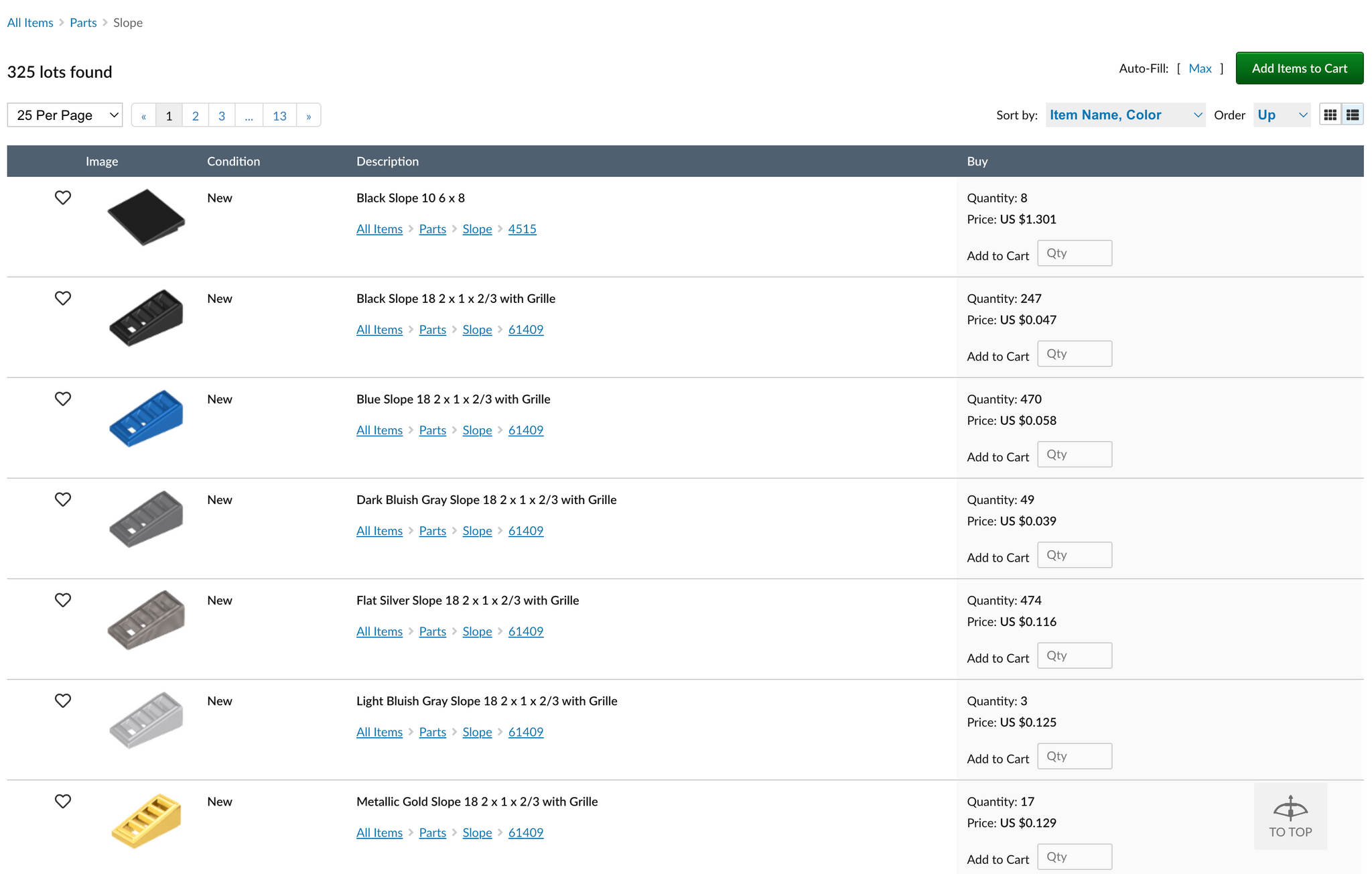 screenshot of bricklink store - it a list of slope lego parts