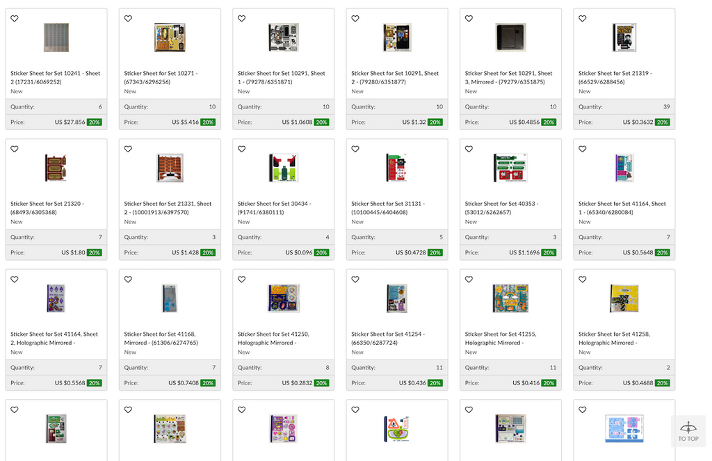A webpage showing an assortment of LEGO sticker sheets available for purchase, with various prices and quantities indicated beneath each sheet. The sheets contain a variety of designs, including bricks, windows, and holographic patterns.