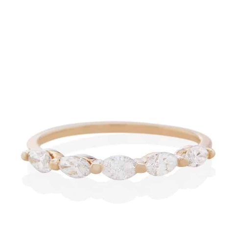 half eternity band ring with seamless row of 5 marquise diamonds that appear to be floating, all set east-west with delicate beads between each on a half dome yellow gold band