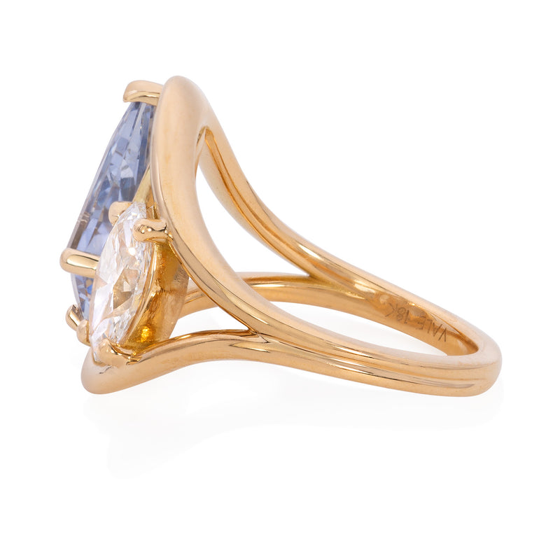 Vale Jewelry Loop Ring Kite Cut Sapphire and Marquise Diamond Ring 18K Yellow Gold Side View