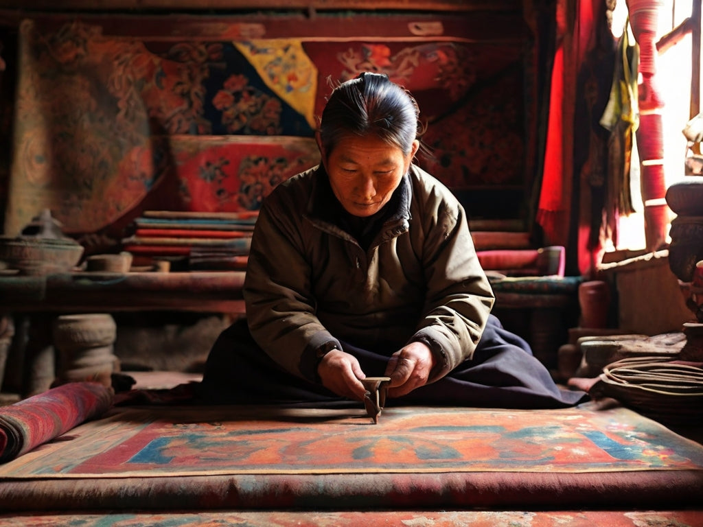 tibetan rug maker making a rug