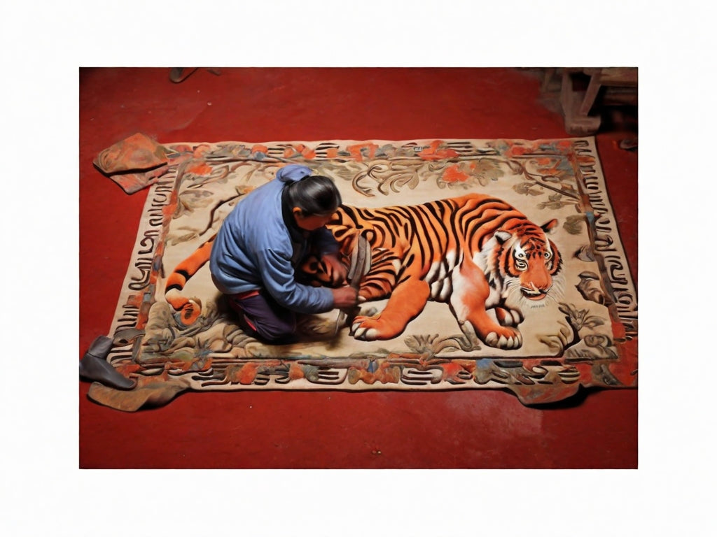 tibetan rug maker making a tiger rug design