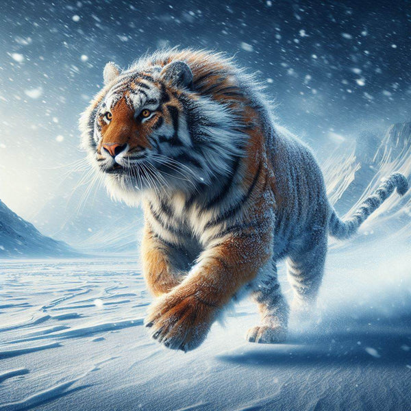 tiger running in the Arctic with the tiger further in the distance, frost on the tiger's fur