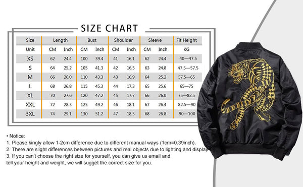 GOLDEN EMBROIDERED TIGER BOMBER JACKET SIZE GUIDE