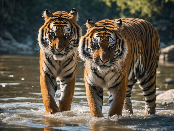 2 tigers walking in the river