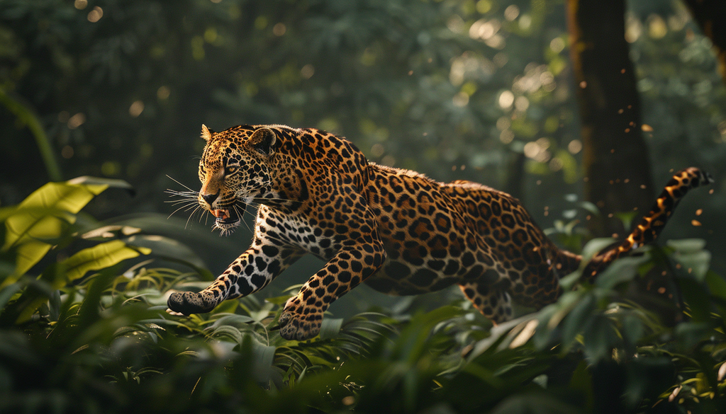 leopard running in foret jungle