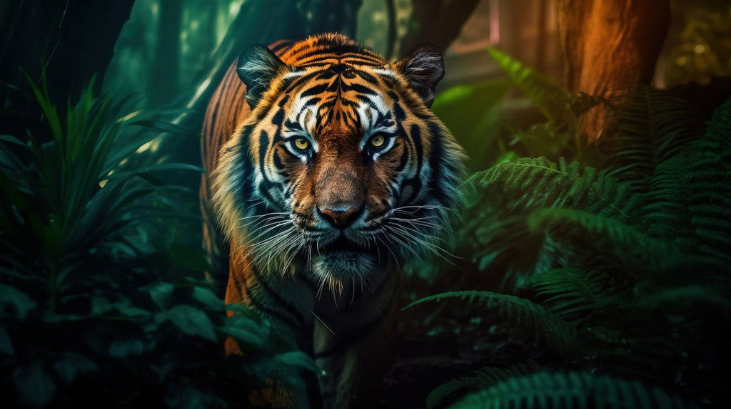 tiger hunting and hiding in the jungle