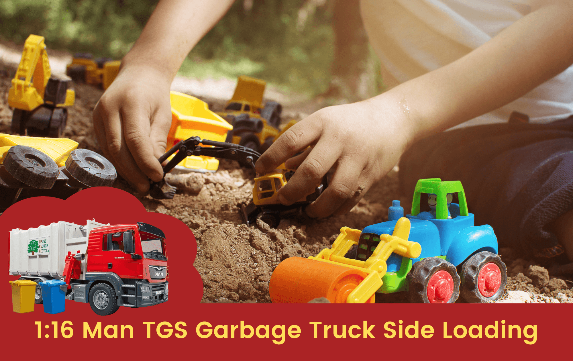 Kid playing happily with Garbage truck toy in dirt, Toyworld, toy kingdom, Byron Bay Lismore