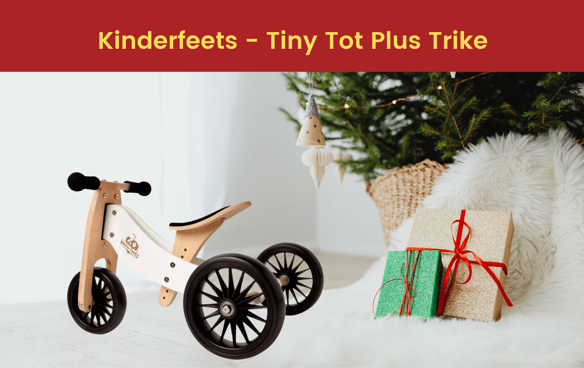 Tiny Tots wooden trike under Christmas tree, Toyworld Toy Kingdom, Byron Bay, Australia