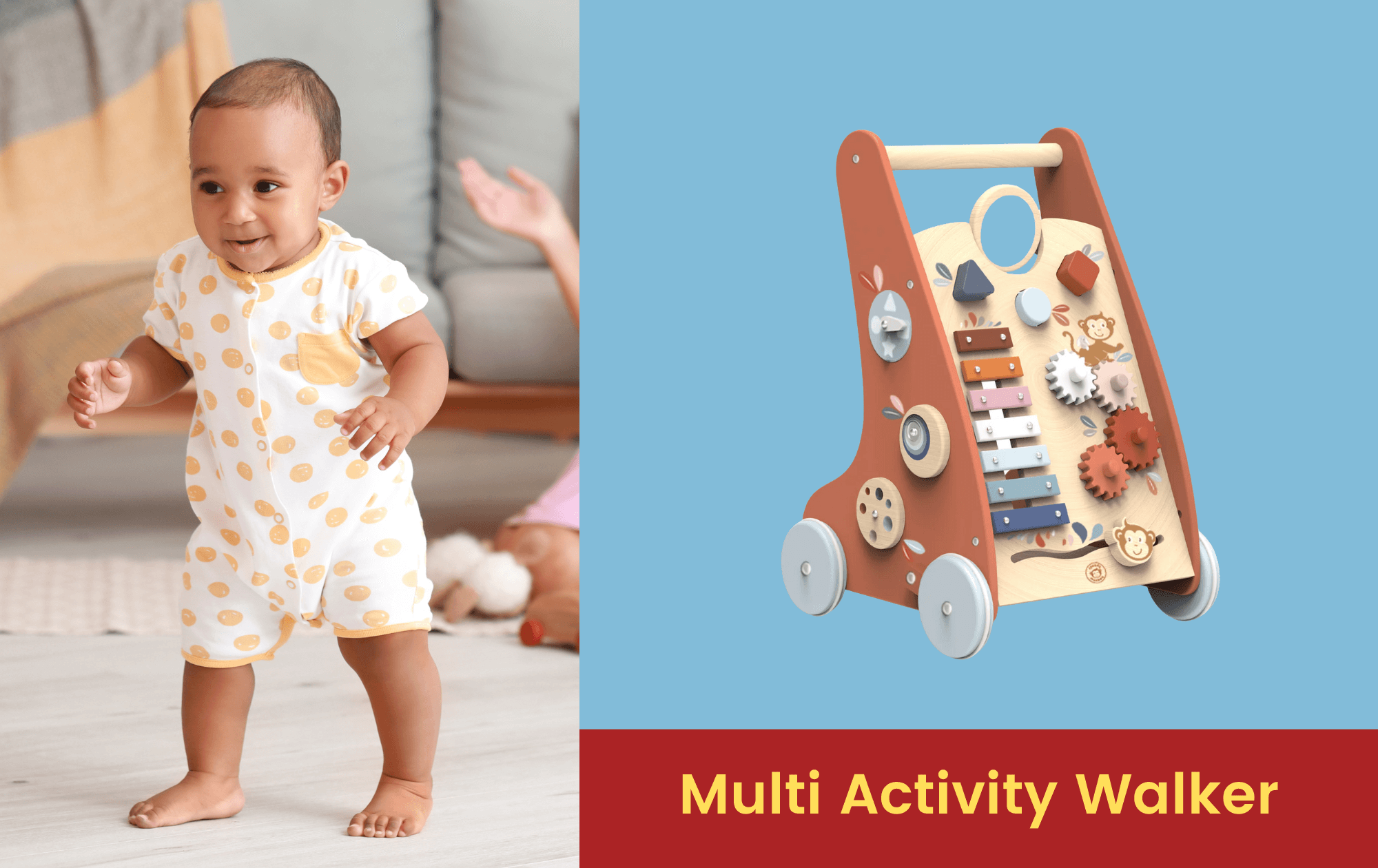 Toddler excited to learn to walk on their multi activity walker, Toyworld Toy Kindgom Byron Bay Lismore