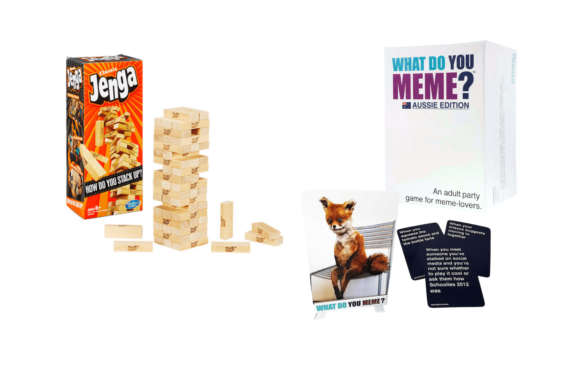 Jenga and What Do You Meme card game products with boxes on white background.
