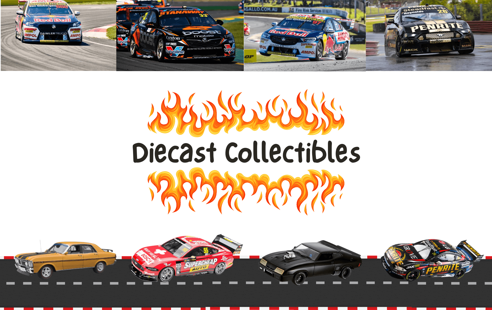 Diecast collectibles title with flames. Race car photos and race car toy products.