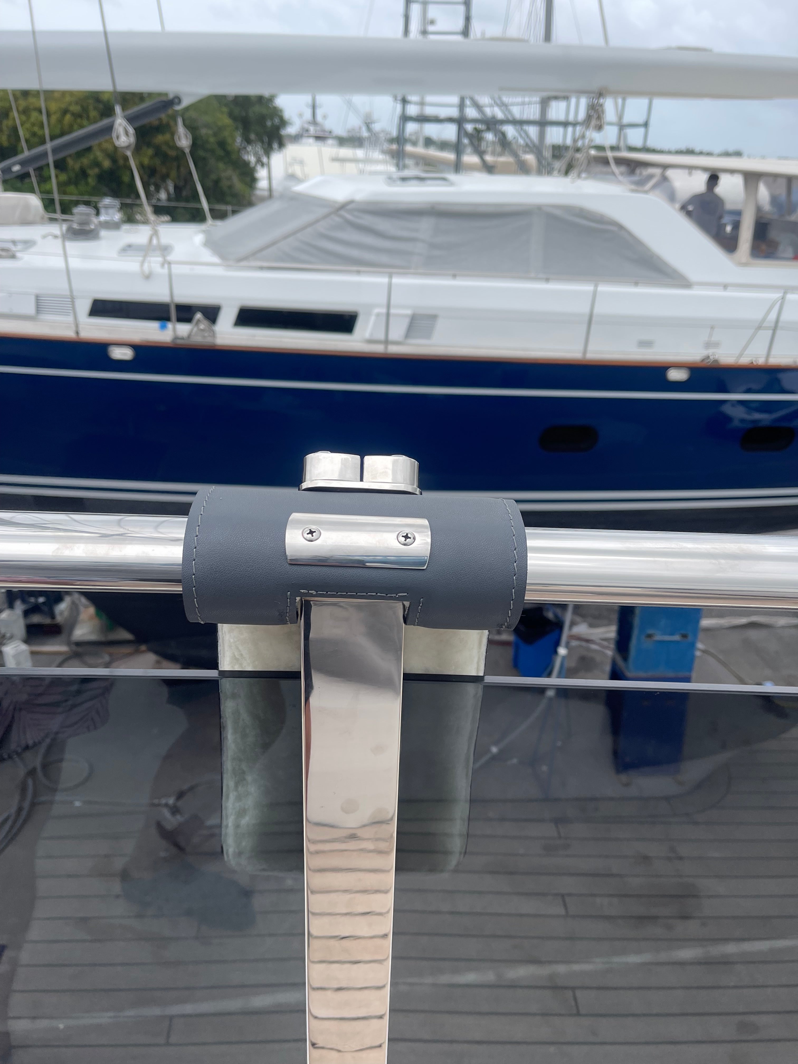 Rail fenderhook on top deck of princess yacht in gray wow leather