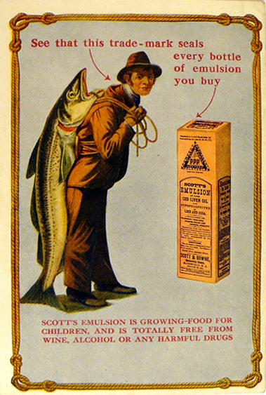 Color illustration trade card advertising anchovy oil showing man carrying fish on his back