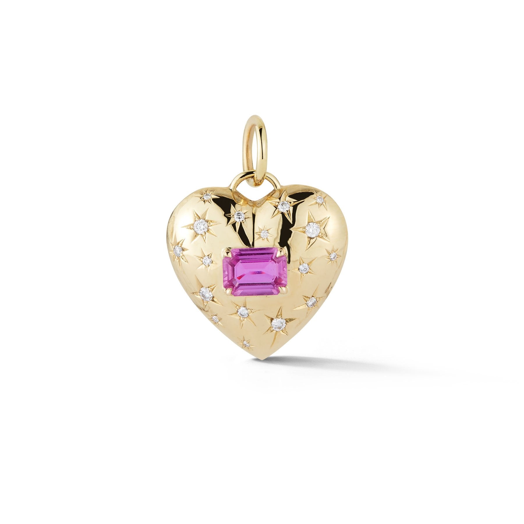 Ruby, Pink Sapphire and Diamond Mosaic Puffy Heart Pendant