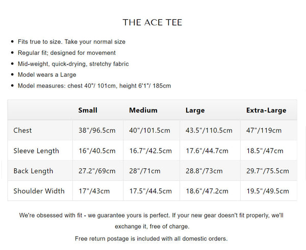 Size Chart Ace Tee Athletegy