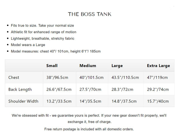 Size Chart Boss Tank Athletegy