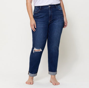 Distressed Roll Up Mom Jean Plus