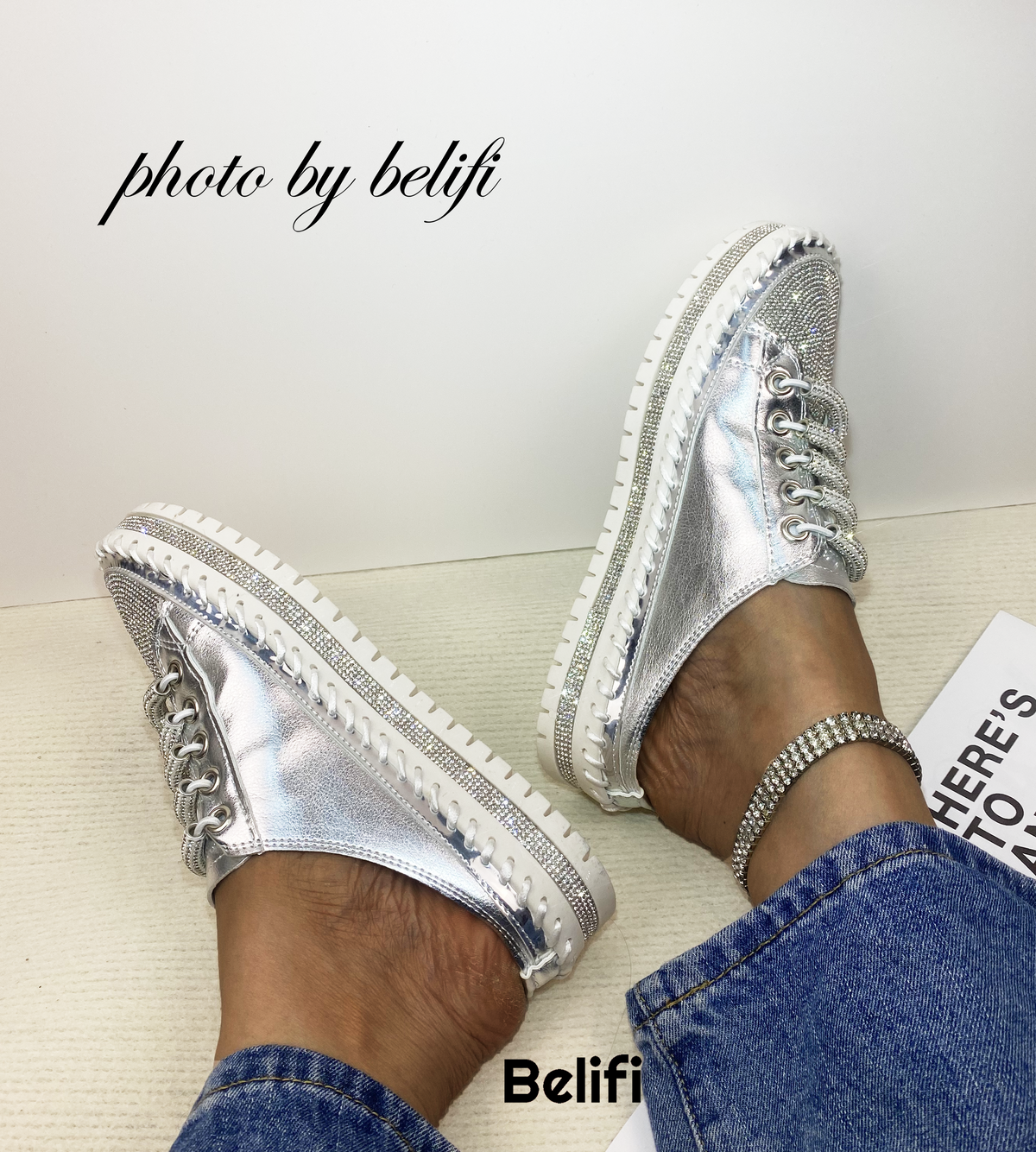 Belifi Strappy Radiance: Women's Multi-Strap Rhinestone Platform Slippers for a Chic and Comfortable Experience