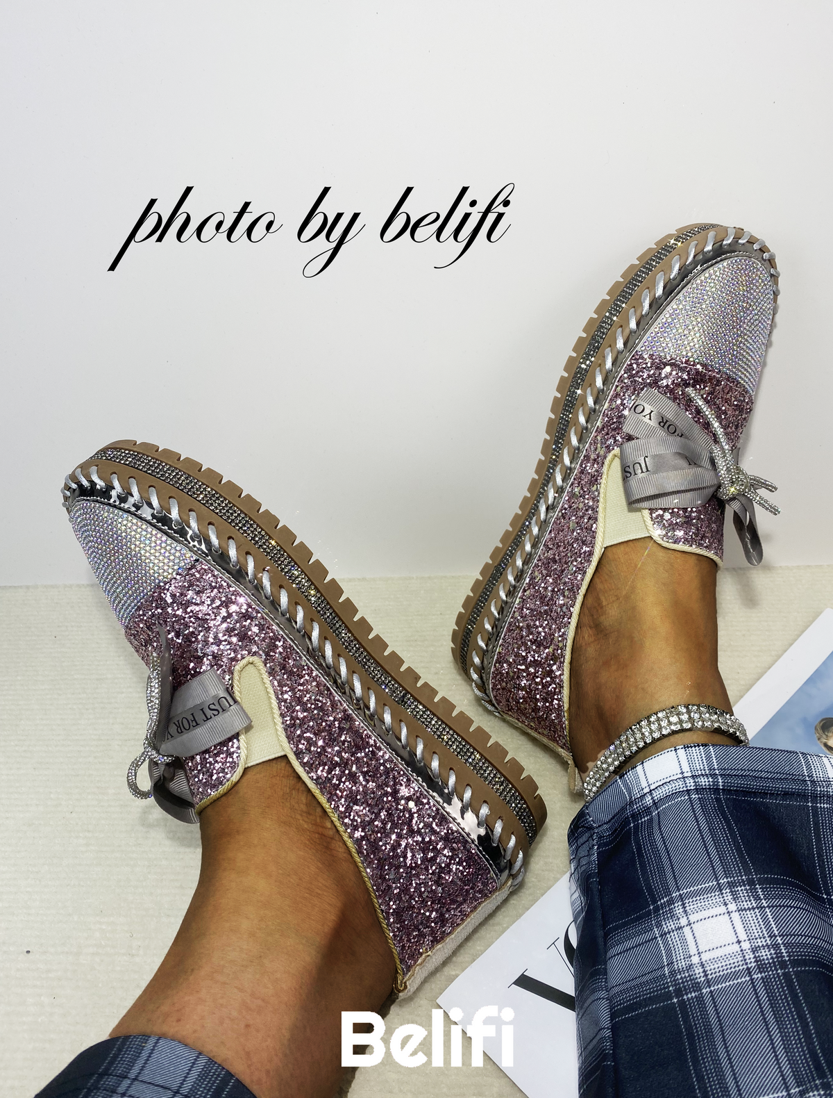 Belifi Shimmering Butterfly: Rhinestone-Encrusted Slip-On Shoes