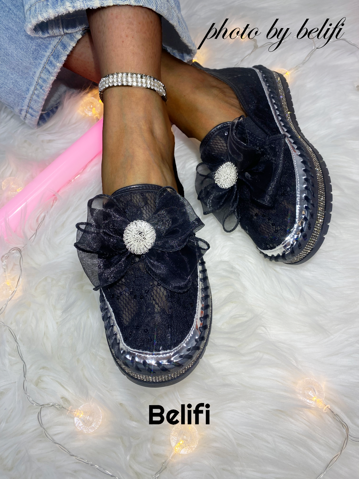 Belifi Sunflower Silk: Rhinestone-Bow Adorned Slip-On Shoes