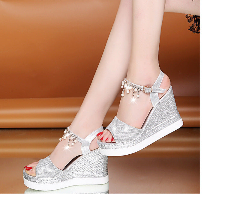 Belifi Slope Heel Rhinestone Thick Sole Sandals