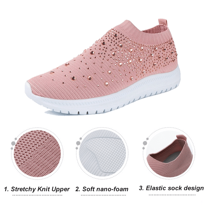 Belifi Diamond Stroll: Breathable Lace-Up Rhinestone-Encrusted Thick Soled Shoes