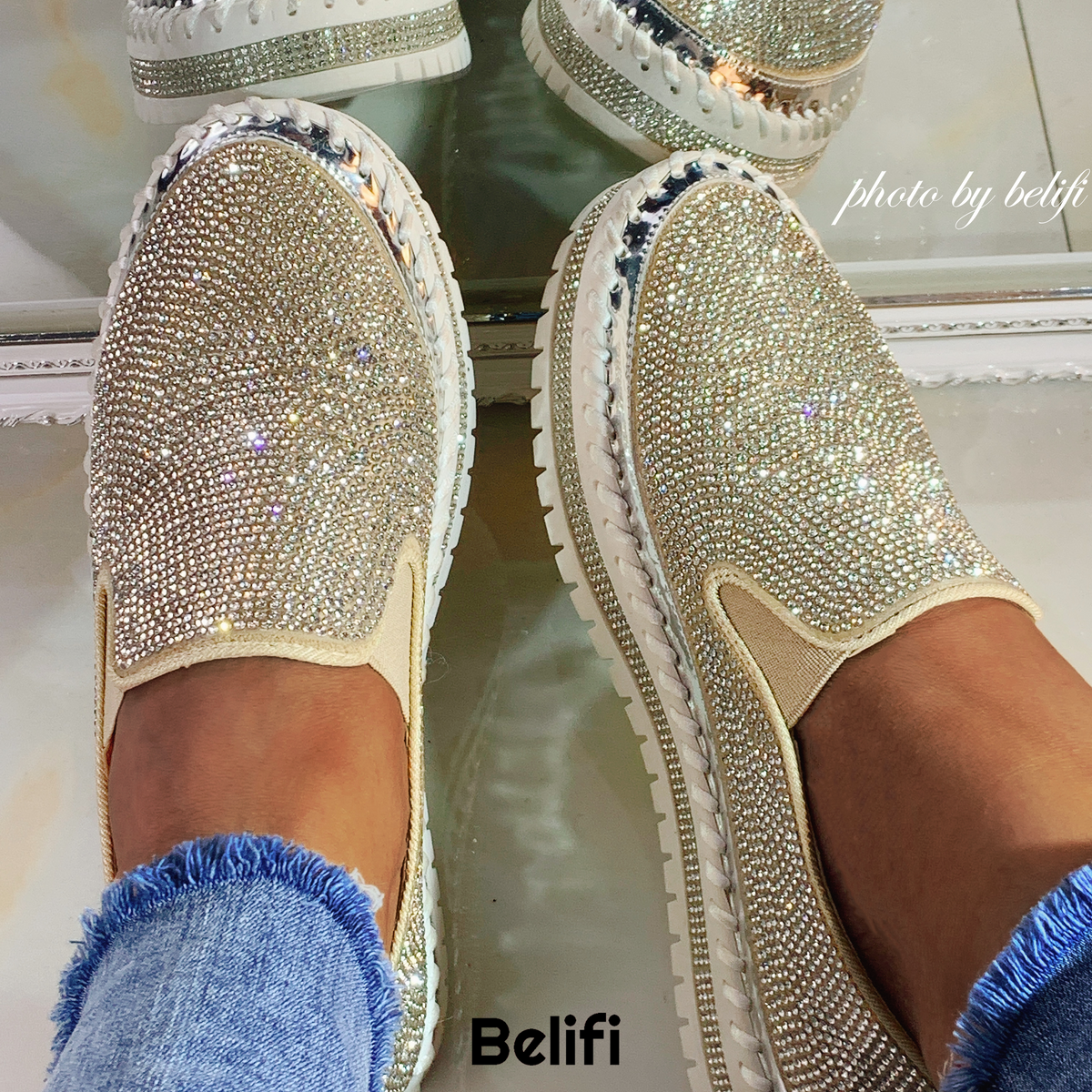 Belifi - Women Rhinestone Platform Breathable Slip-on Shoes