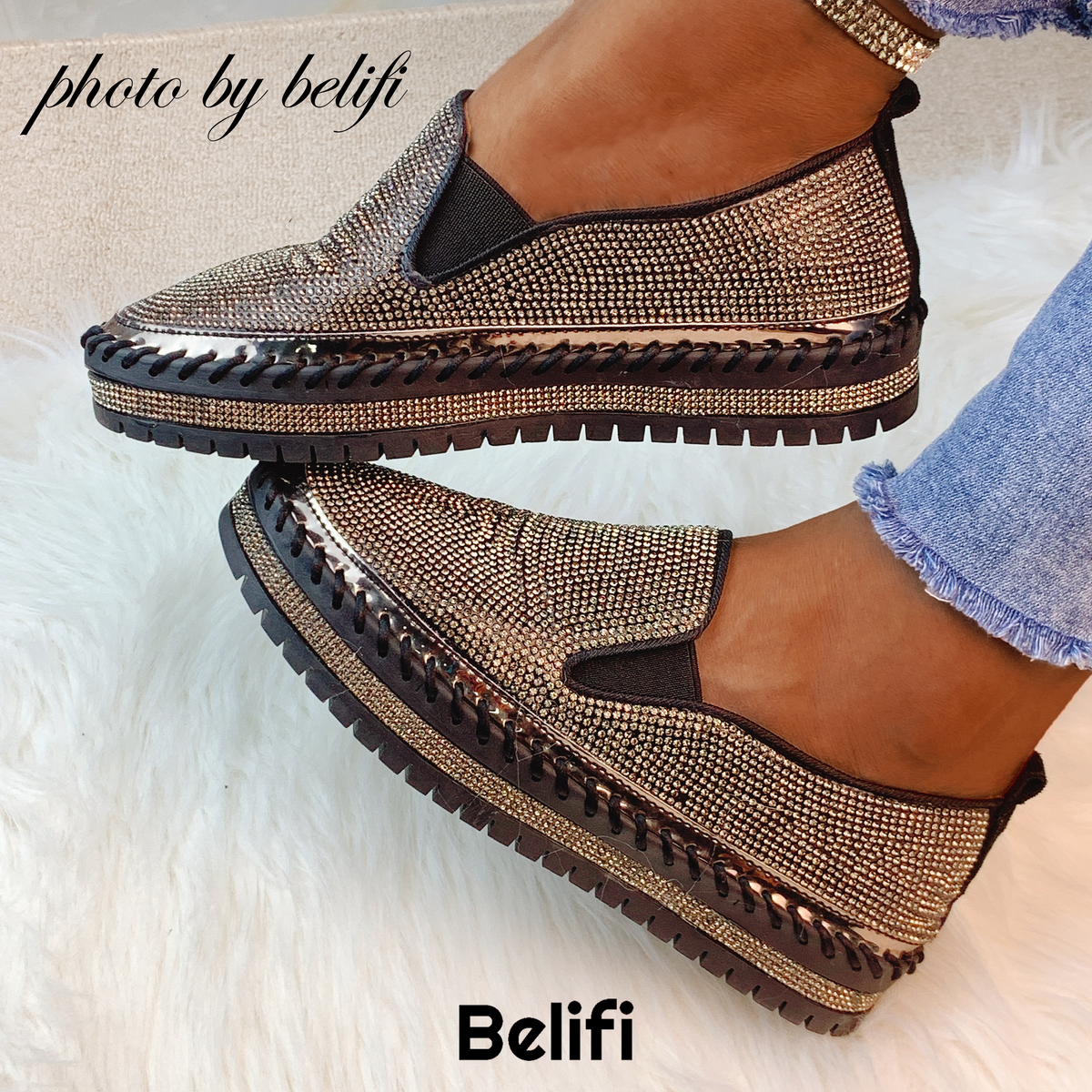 Belifi - Women Rhinestone Platform Breathable Slip-on Shoes