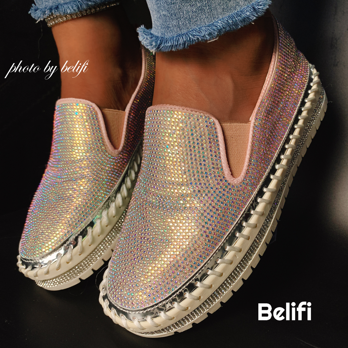 Belifi - Women Rhinestone Platform Breathable Slip-on Shoes