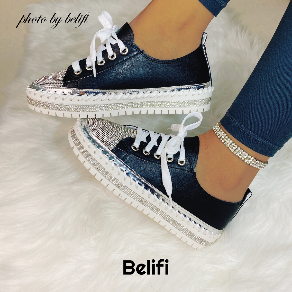 Belifi Diamond Walk: Leather Rhinestone-Encrusted Lace-Up Shoes