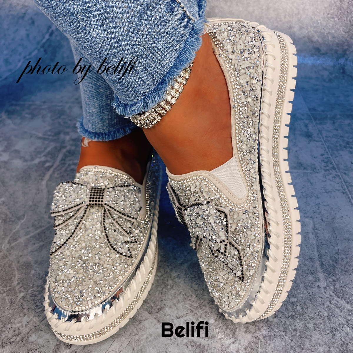 Shining Rhinestone Slip-on Thick Botton Casual Ladies Crystal Shoes