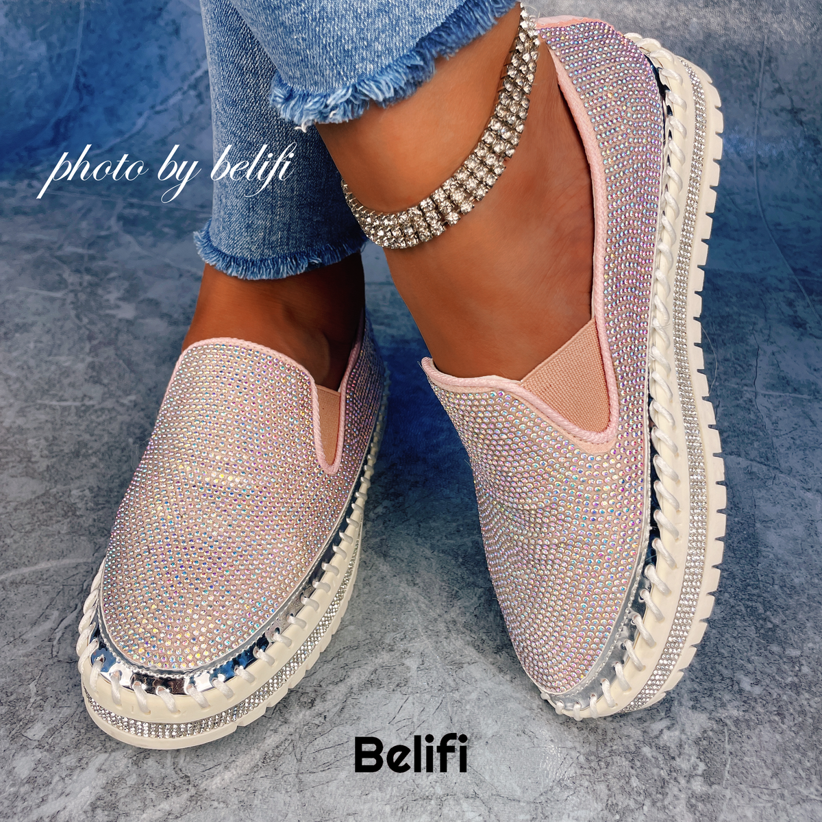 Belifi - Women Rhinestone Platform Breathable Slip-on Shoes