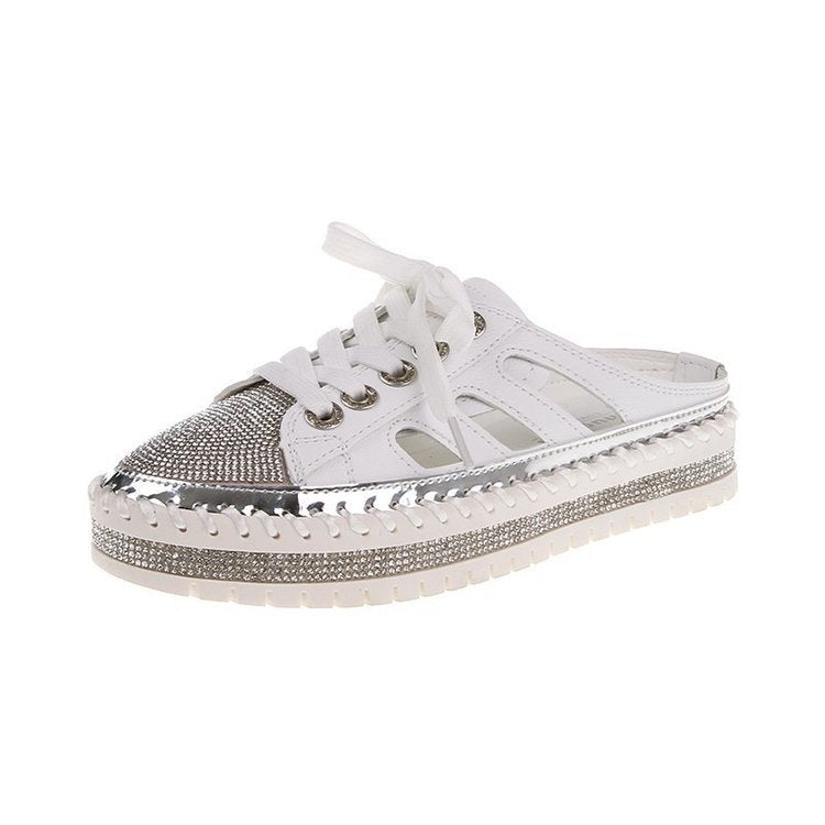 Belifi Crystal Elegance: Leather Lace-Up Jeweled Platform Mules