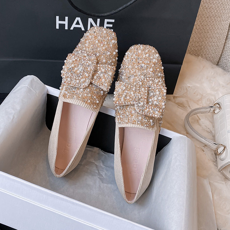 Belifi Square Toe Rhinestone Flat Bow Shoes