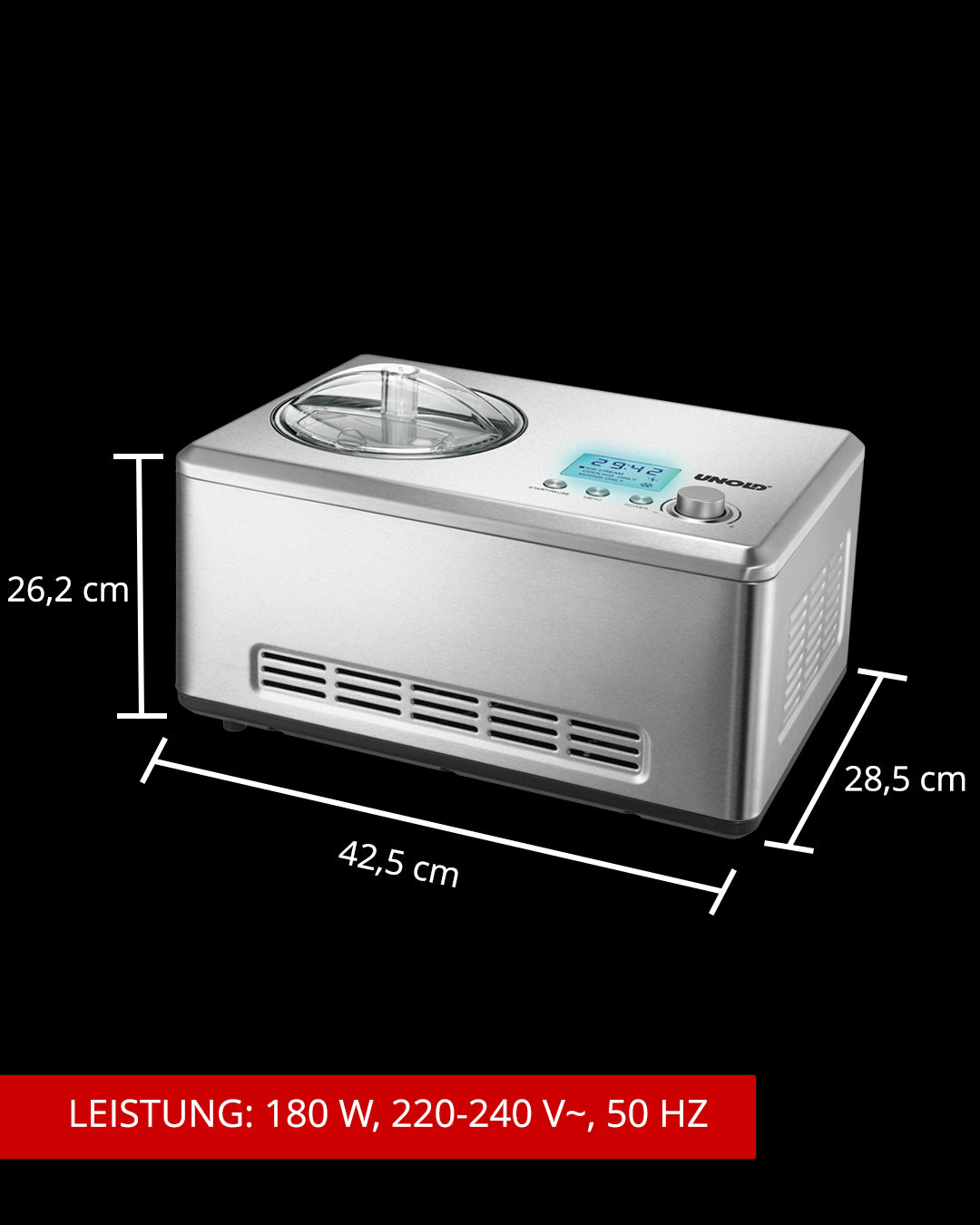 Die Unold B-Ware Eismaschine Nobile 2L ist eine silberne Eismaschine mit transparentem Deckel, Digitalanzeige und Tasten. Maße: 42,5×28,5×26,2cm; Leistung: 180W, 220–240V~, 50Hz.