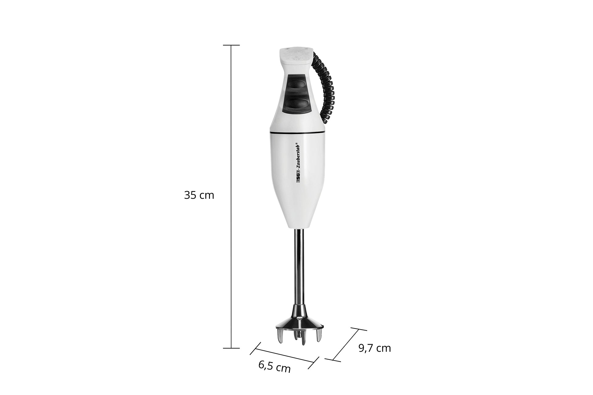 Der stehend abgebildete Stabmixer Unold ESGE-Zauberstab® E 120 Select Weiß verfügt über einen Mixstab aus Metall und ist in den Farben Weiß und Schwarz gehalten. Er ist 35 cm hoch, oben 6,5 cm breit und unten 9,7 cm breit.