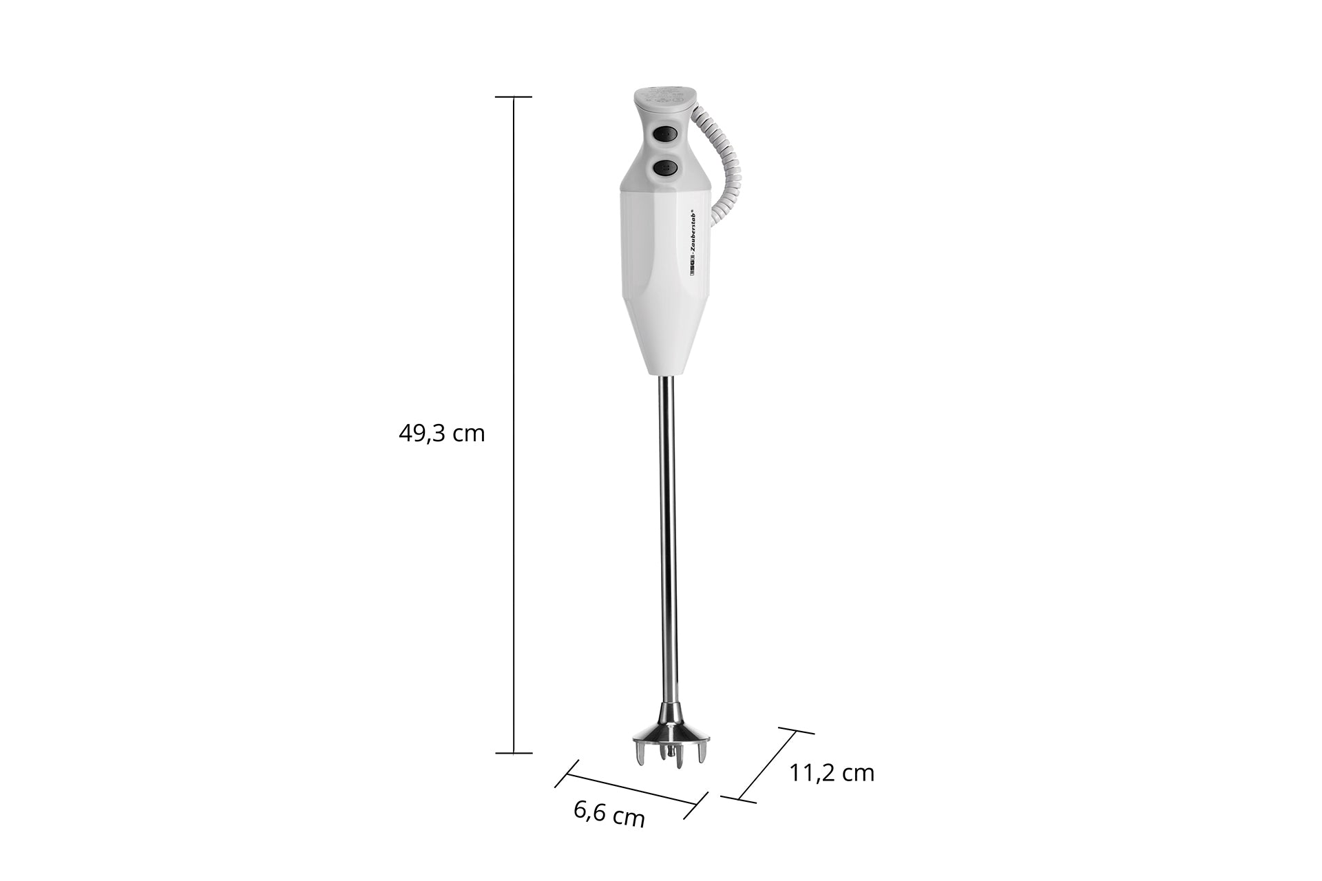 Der Unold ESGE-Zauberstab® G 350 Gastro Max, ein weißer Stabmixer mit langem Metallschaft, steht aufrecht. Er ist 49,3 cm hoch, an der Basis 11,2 cm breit und am Schaft 6,6 cm breit.
