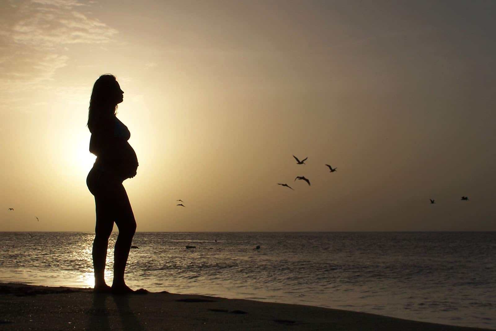 silhouette-of-pregnant-woman-standing-on-seashore-during-sunset
