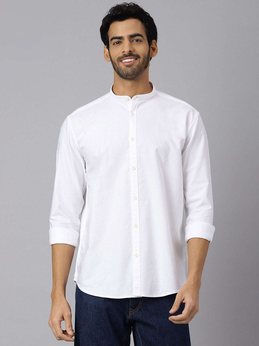 Mandarin Collar Grainy Cotton Oxford Shirt - Candid | Kingdom of White ...