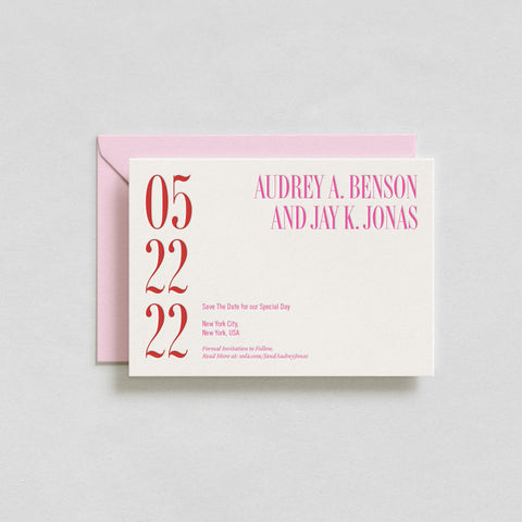 Letterpress Save the date with pink and red type and a light pink envelope
